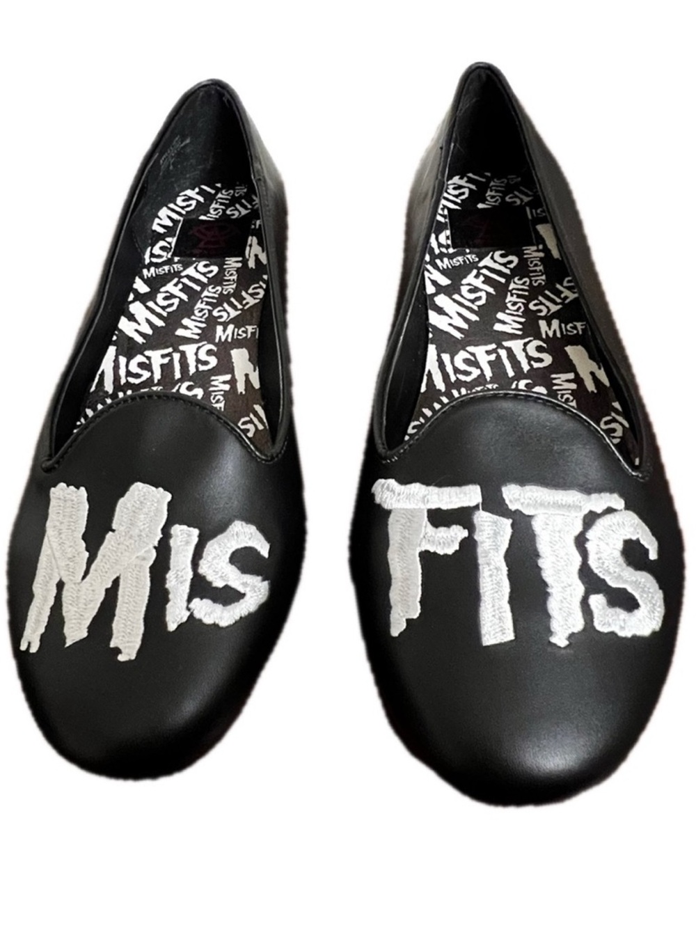 NWOT STRANGE CULT x MISFITS band Lydia slip on Flats black & white goth punk  10